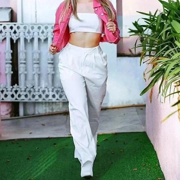 . Pants - White Casual Womens Solid Crop Cami Top & Wide Leg Pants